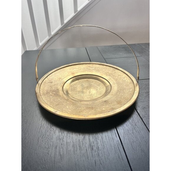 Bard's Brass LID 10-1/2" Plate W Etched Moveable Handle Dish Tray Pattina - Picture 1 of 14
